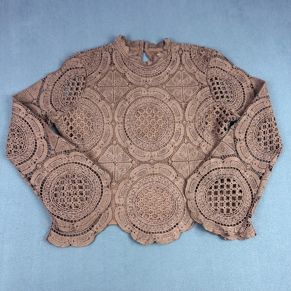 Ultra Pink Mauve Brown Geometric Circle Lace Mock Neck Long Sleeve Top Large